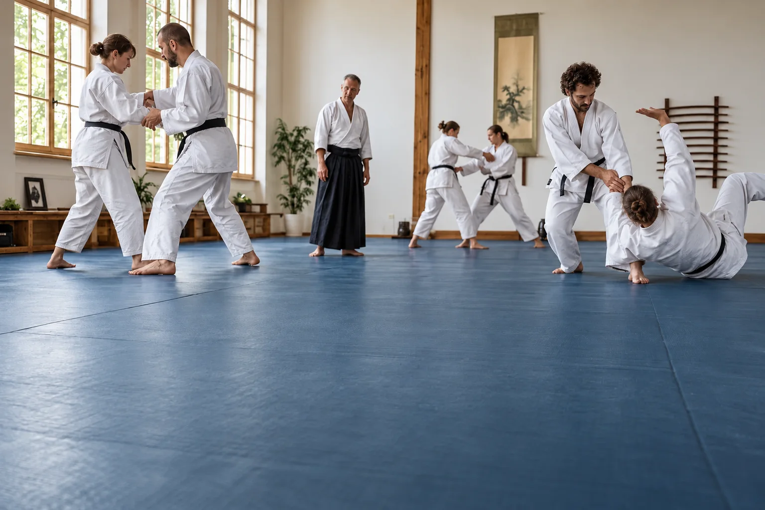 Erwachsene trainieren in kleinen Gruppen in einem hellen Dojo.